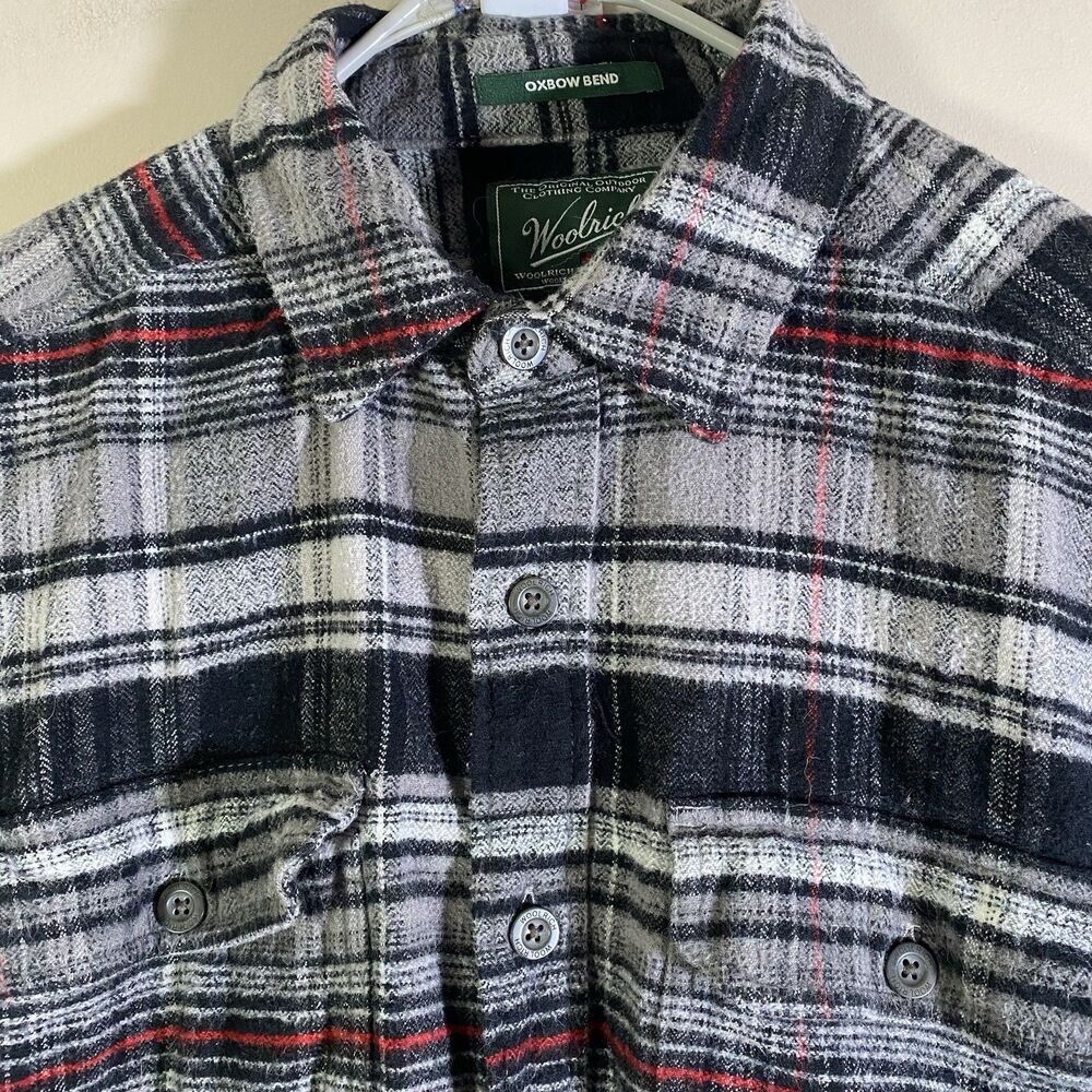 Woolrich Flannel Mens Shirt Gray Black Plaid Oxbow Bend Long Sleeve Men Medium